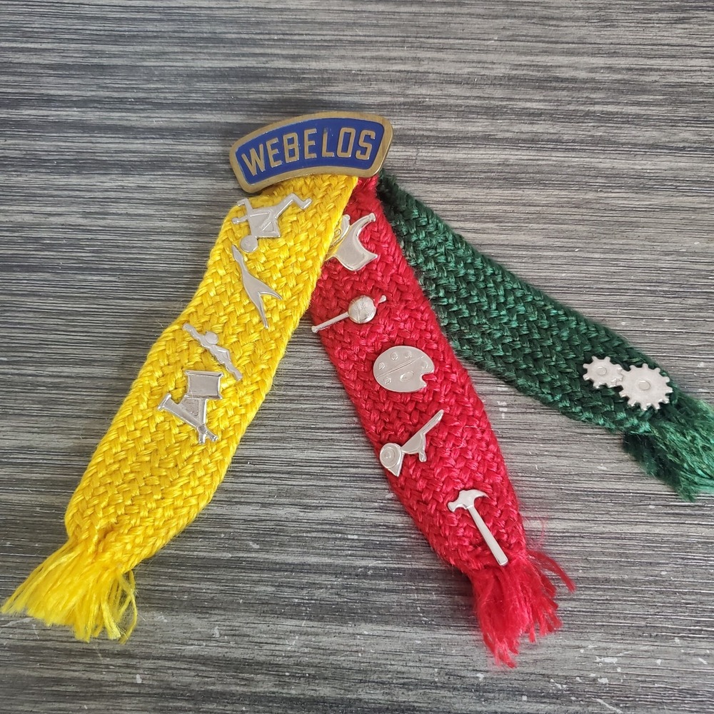 Vintage Boy Scouts BSA Webelos Tri-Color Ribbon Pin, 10 Silver Tone Award Pins